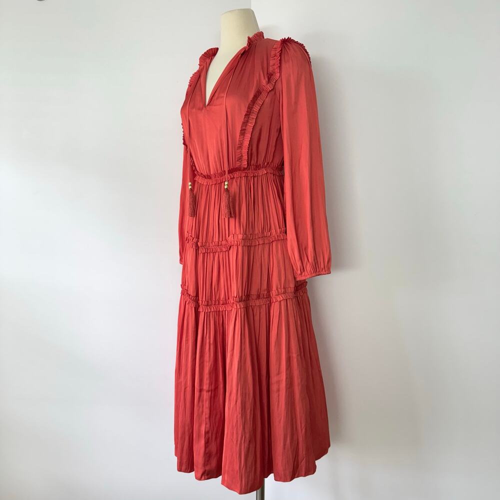 Elie Tahari Satin Ruffle Midi Dress Tiered Long Sleeves in Wild Flower 2 NWT - Picture 5 of 12